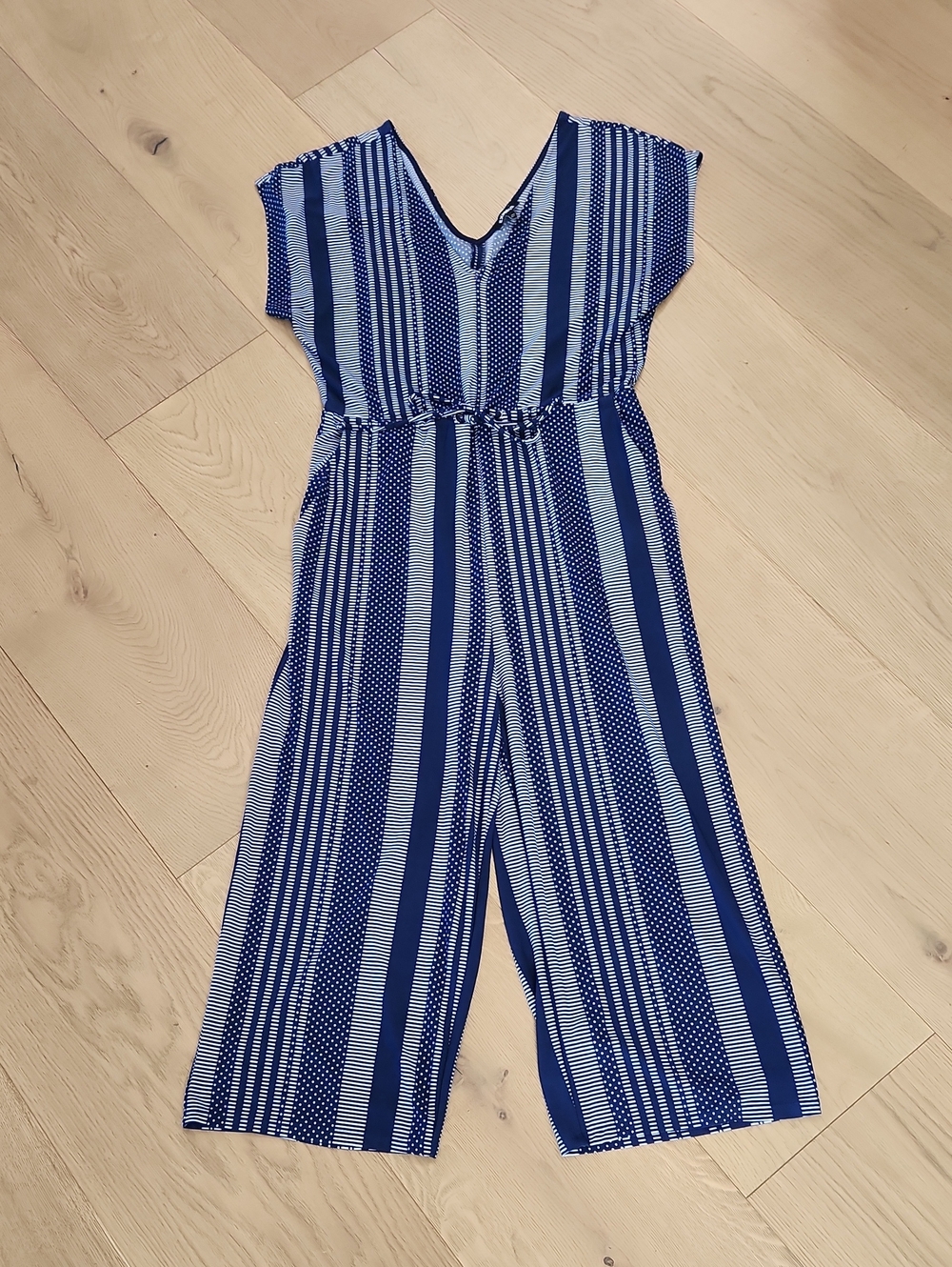Express Blue Striped V-Neck Wide-Leg Jumpsuit